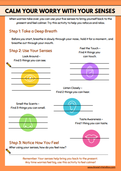 Calm Your Worry with Your Senses anxiety worksheet free pdf download