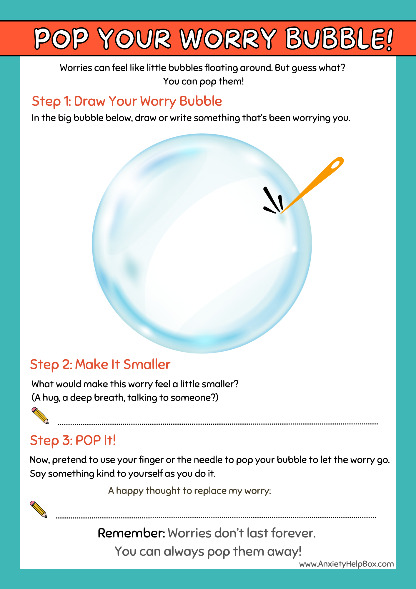 Pop Your Worry Bubble An Anxiety Relief Activity Worksheet for Kids